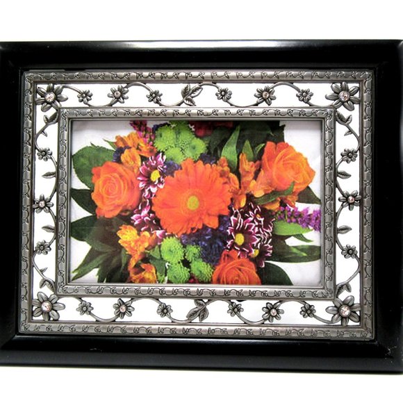 MALDEN engraved openwork pewter & rhinestone flower picture frame -4" x 6" photo - Picture 4 of 11